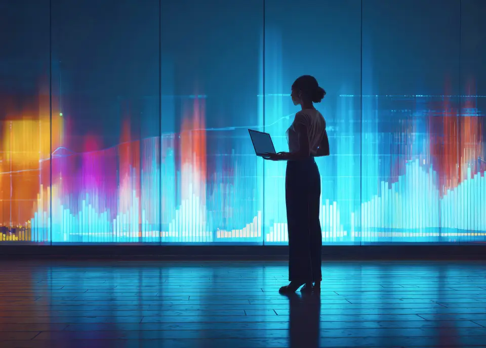 A woman stands in front of a vibrant wall displaying various colorful graphs and charts.