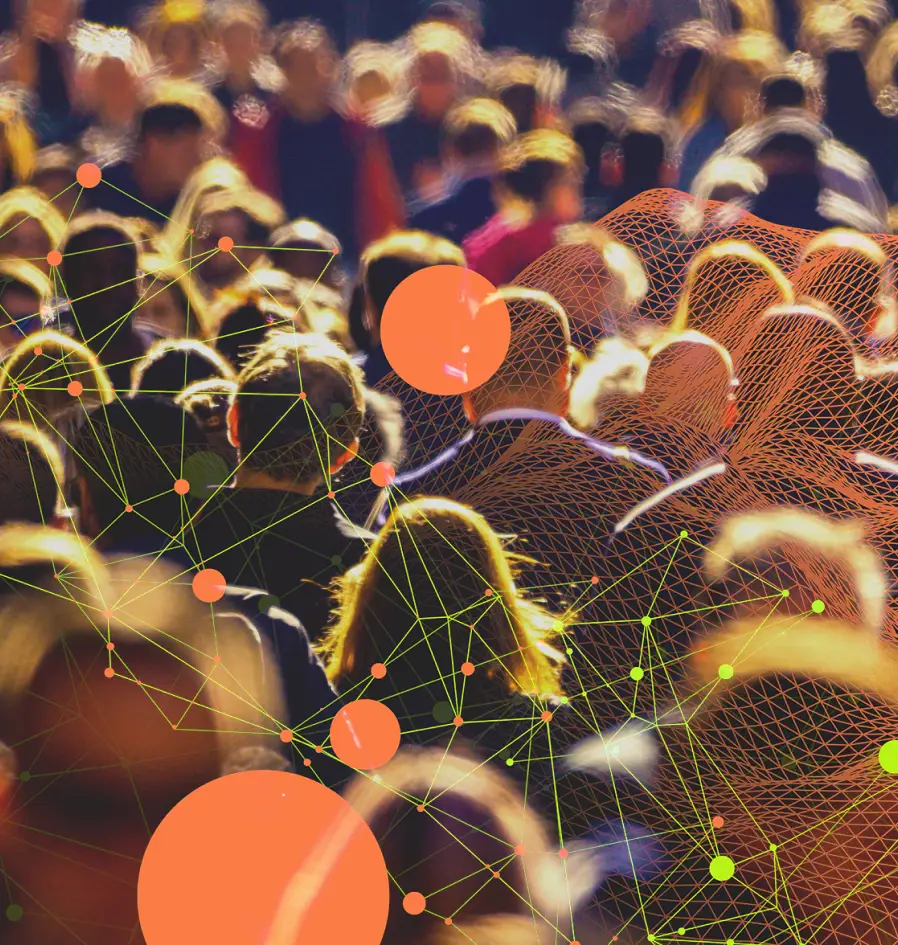 A diverse crowd of people interconnected by a network of dots, symbolizing communication and collaboration.